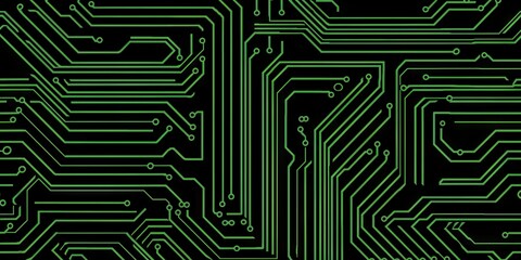 Green printed circuit board with microcircuits and glowing elements, close-up.
Concept: electronics and education, information technology and computer engineering
