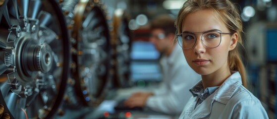 On the production line, a female mechanical engineer designs a 3D engine on her computer, while a male automation engineer programs the robot arm on his laptop.