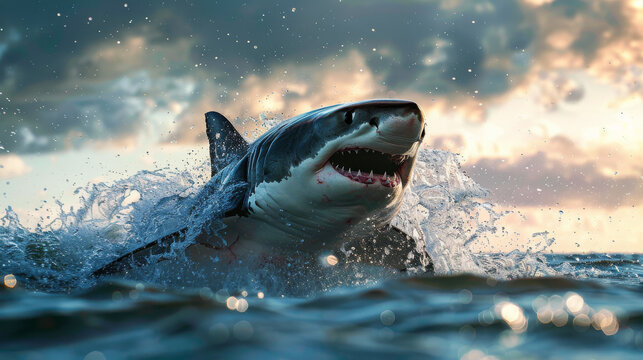 A thrilling sight unfolds as a shark leaps out of the water, its powerful motion captured in mid-air, creating a moment of both awe and excitement.