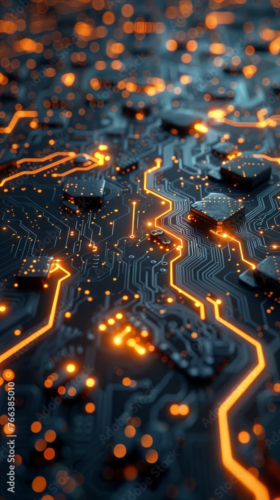 Poster microcircuits on a printed circuit board with red backlight. close-up concept: high technology and e