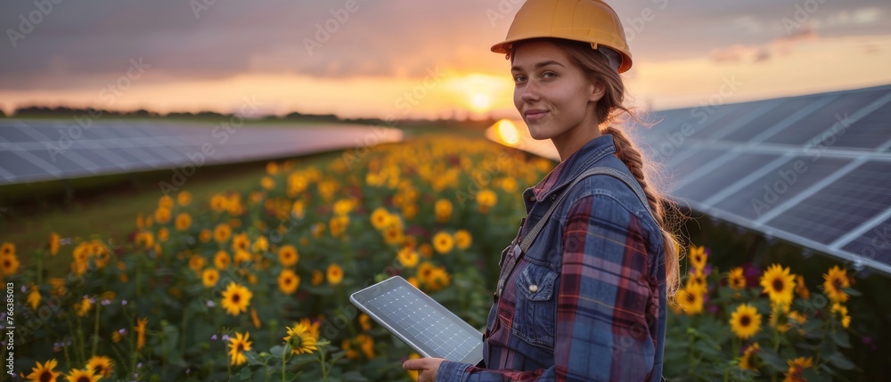 Poster this is a picture of a young engineer checking the operation of the sun and the cleanliness of photo