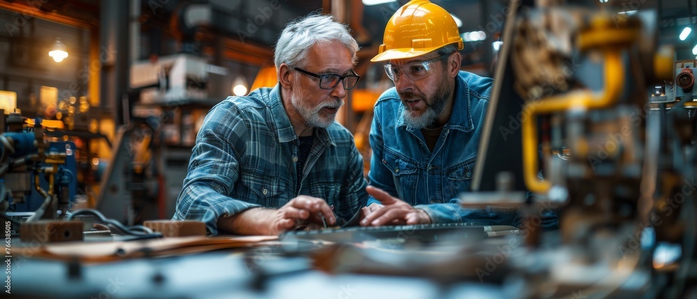 Poster Team of Professionals Using CAD Software for Modern Industrial Engineering Design to Develop Electronics. Engineer works on computer, talks to project manager, another specialist joins discussion.