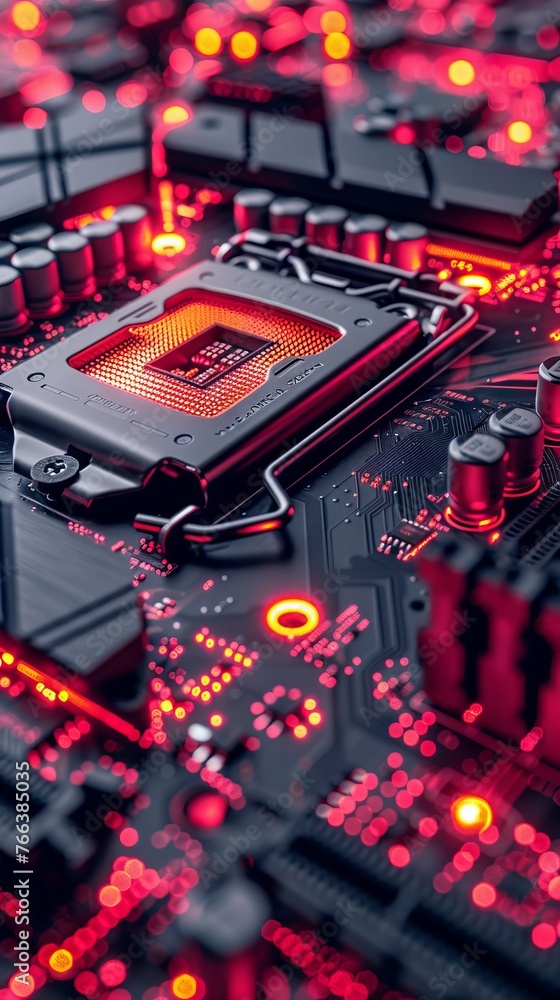 Poster microcircuits on a printed circuit board with red backlight. close-up concept: high technology and e