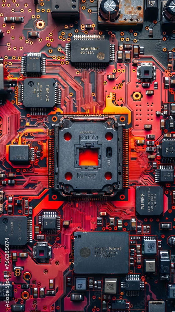 Poster microcircuits on a printed circuit board with red backlight. close-up concept: high technology and e