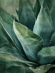 Closeup of vibrant green agave plant against textured grungy background in botanical garden setting