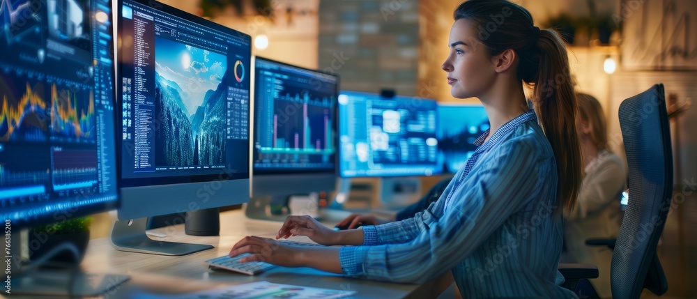 Poster designer working on a desktop computer. beautiful multiethnic female is designing a new interface fo