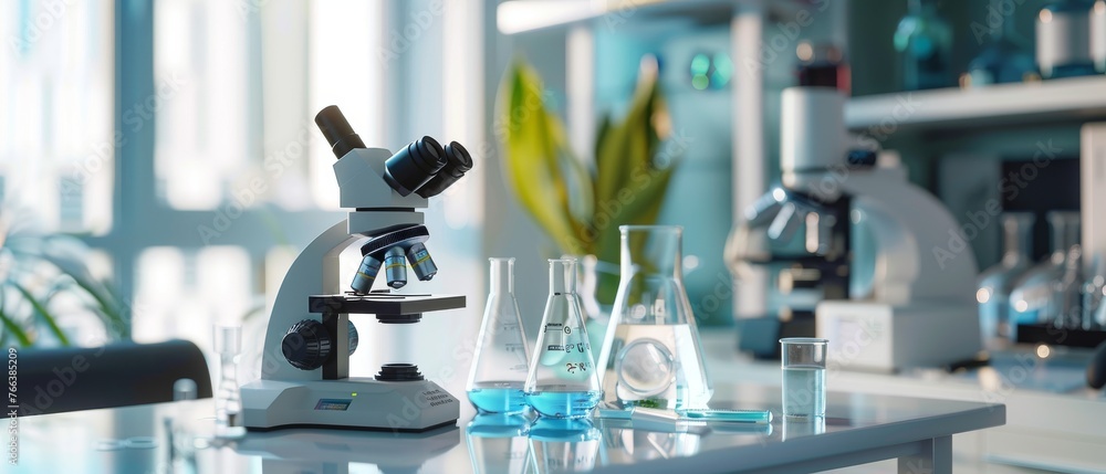 Poster scientific lab biotechnology development center of high-tech equipment, technology with microscope a