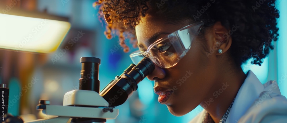 Poster biotechnology laboratory portrait of beautiful black scientist under microscope analyzing test sampl