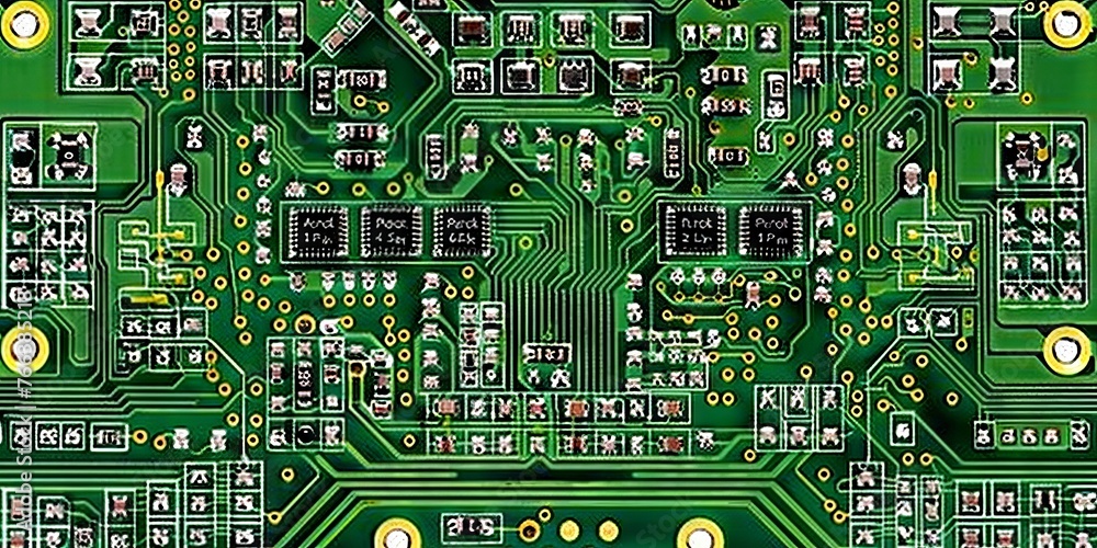 Poster green printed circuit board with microcircuits and glowing elements, close-up. concept: electronics 