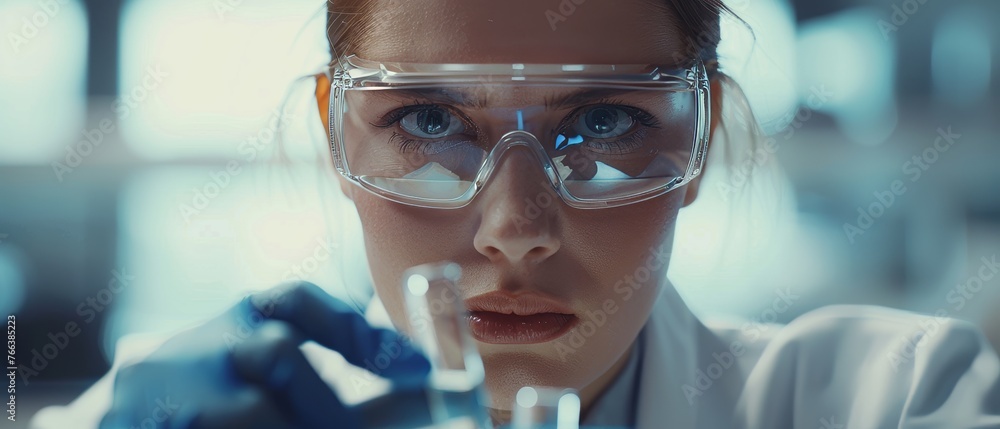 Poster photograph of a beautiful female scientist using a micro pipette in a medical research lab. advanced