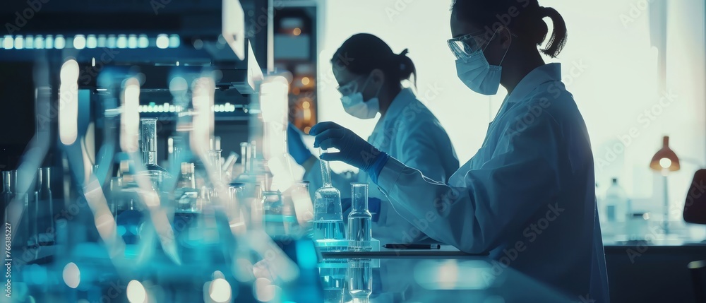 Poster Two scientists working together analyzing chemicals in a laboratory flask and discussing a problem. Advanced scientific lab for medicine, biotechnology, and molecular biology.