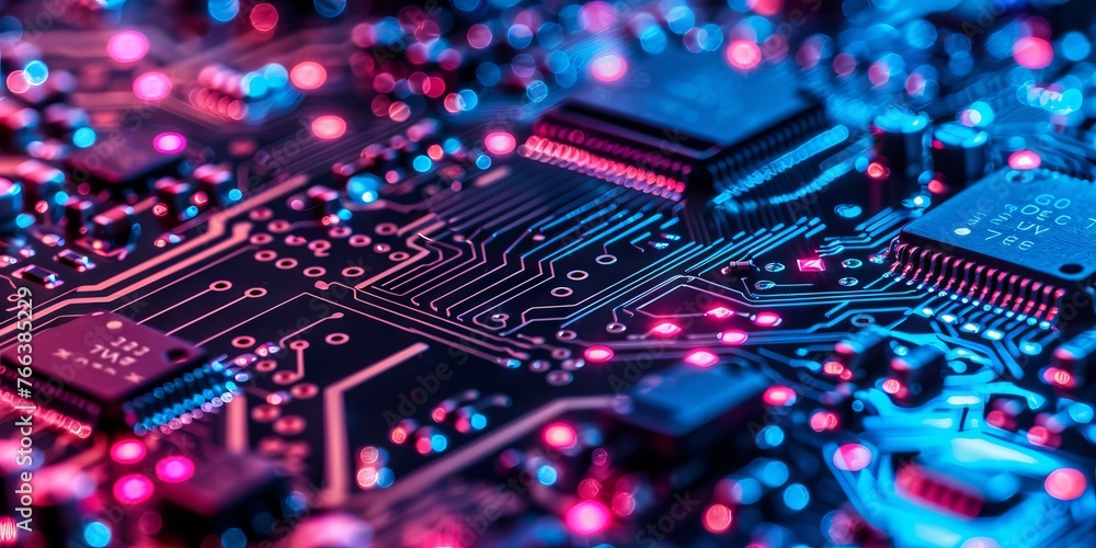 Aufkleber microcircuits on a printed circuit board with red backlight. close-up concept: high technology and e