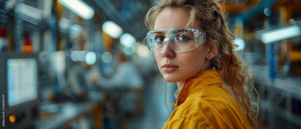 Poster In an Industry 4.0 modern factory, a female operator operates a production line with the help of a computer, showing a screen which displays AI and machine learning enhanced assembly processes.