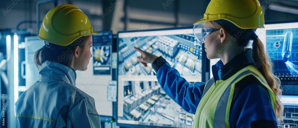 Leinwandbilder Industrial Electronics Design Blueprints Shown on Computer Screens in Industry 4.0 Modern Factory, Chief Project Manager Talks to Female Engineer, The Problem is Solved