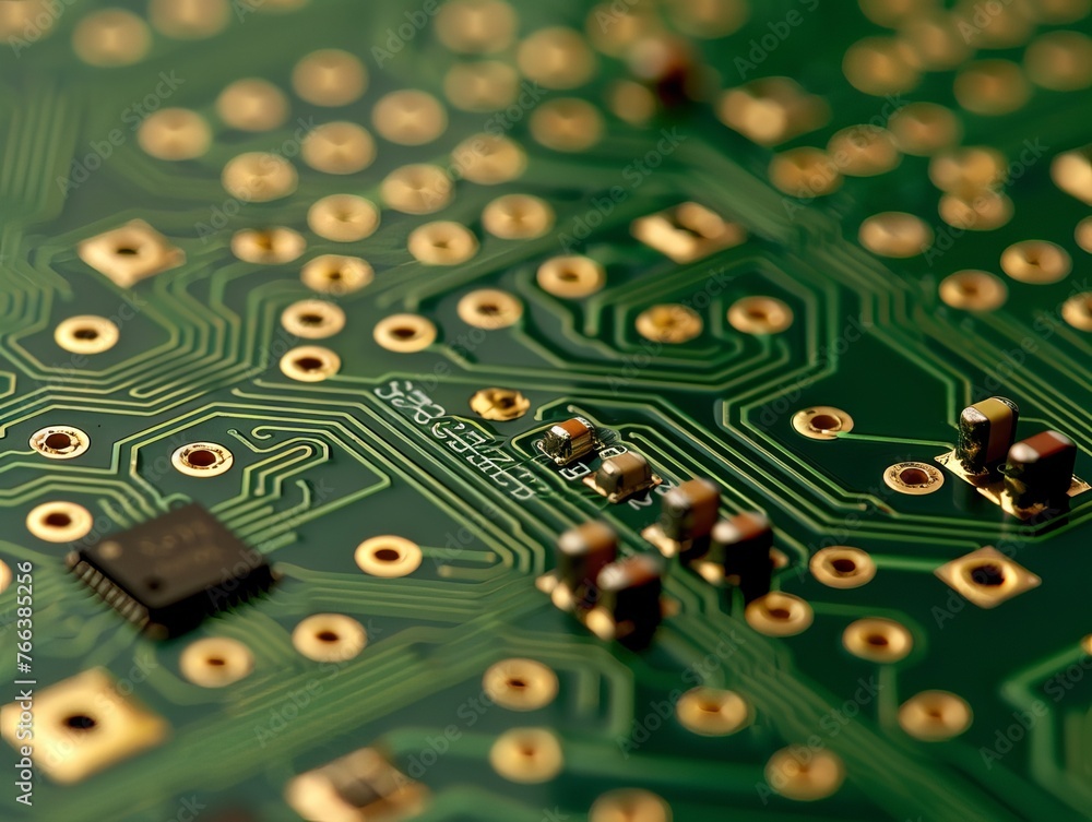 Poster green printed circuit board with microcircuits and glowing elements, close-up. concept: electronics 