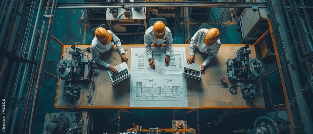 Poster in the meeting room of the factory office, engineers gather around a conference table, discuss proje