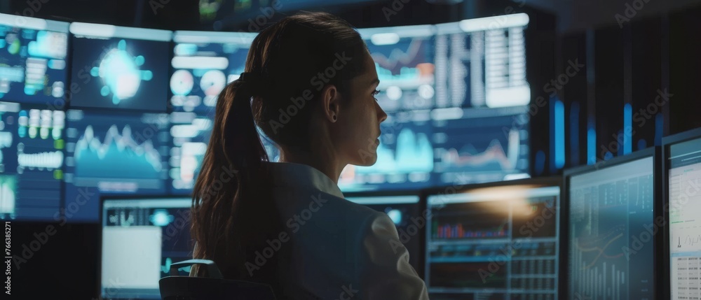Leinwandbilder Software Engineer in Machine Learning Monitoring Office with a Live Analysis Feed and Charts on a Big Digital Screen. Monitoring Room with Big Data Scientists and Managers.