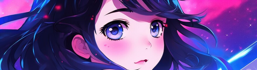 anime girl with long dark hair and purple eyes, pink sparkles in the background