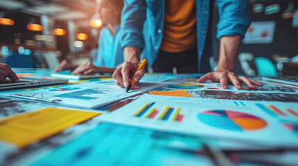 Businessman working on a table with many papers, the businessman wears a blue shirt and a yellow pen writes a goal report and transfers it to a profit graph. Ai generated