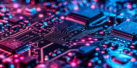 microcircuits on a printed circuit board with red backlight. Close-up
Concept: High technology and electronics, symbol of the digital era and innovation