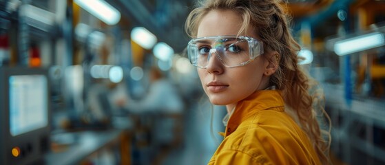 In an Industry 4.0 modern factory, a female operator operates a production line with the help of a computer, showing a screen which displays AI and machine learning enhanced assembly processes.