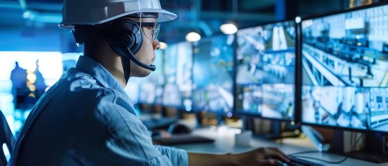 The operator of an Industry 4.0 modern factory is responsible for ensuring the proper functioning of the production line, using a computer and screens to display surveillance camera feeds. Our