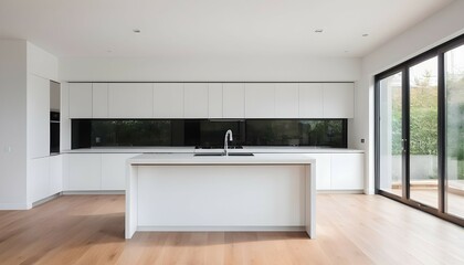 Kitchen interior in beautiful new luxury home with kitchen island and wooden floor, bright modern minimal style, with copy space.