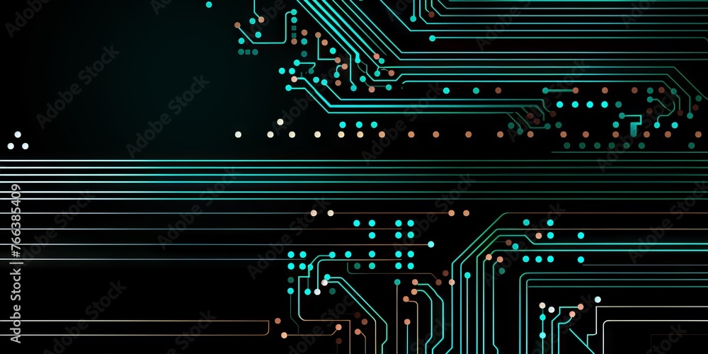 Poster green printed circuit board with microcircuits and glowing elements, close-up. concept: electronics 