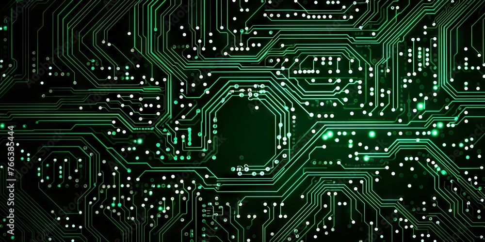Poster green printed circuit board with microcircuits and glowing elements, close-up. concept: electronics 