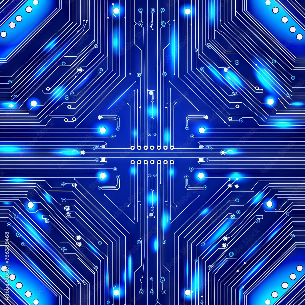 Poster printed circuit board with blue illuminated lines and active components. concept: high technology an