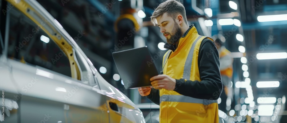 Leinwandbilder Auto Factory Engineer in High Visibility Vest Working with Laptop Computer in Automated Assembly Plant. Automotive Industry Industrial Manufacturing Facility. Robotic Arm Technology for Vehicle