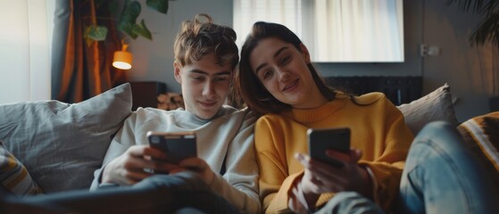 A couple uses a smartphone device while lying on a couch in a cozy apartment. A couple talks, does online shopping, watches funny videos on the internet, uses social media, and watches streams. - obrazy, fototapety, plakaty