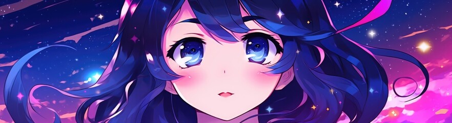 anime girl with long dark hair and purple eyes, pink sparkles in the background