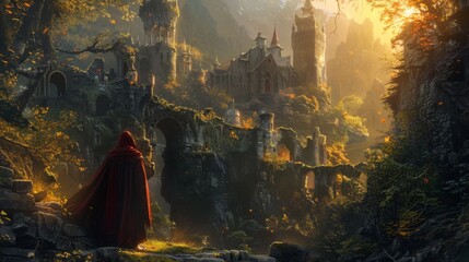 Captivating illustration of a hero from Middle Earth ready to embark on a quest through enchanted forests and ancient ruins. - obrazy, fototapety, plakaty