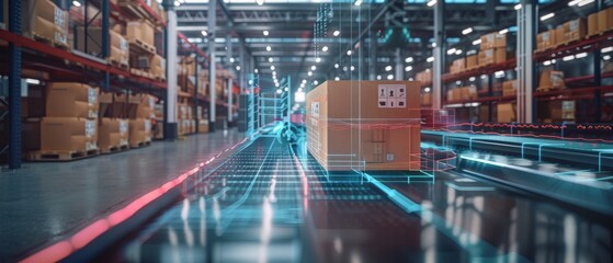 Future Tech Retail Warehouse: Analyzing Goods, Cardboard Boxes, Products Delivery Infographics in Logistics, Distribution Centers using Industry 4.0 Techniques - obrazy, fototapety, plakaty