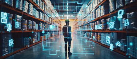 In a futuristic retail warehouse, a worker doing inventory walks is analyzing goods, cardboard boxes, and products with delivery infographics as part of a digitalization process. - obrazy, fototapety, plakaty