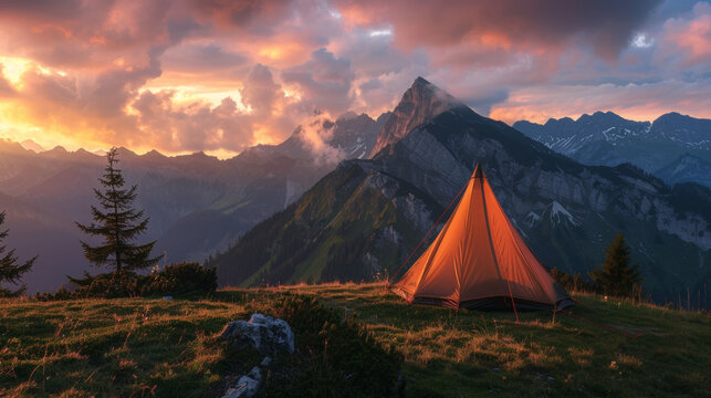 A tent is pitched against the backdrop of the Allgäu Alps at sunset, with the imposing silhouette of Sulzspitze rising majestically in the background. 