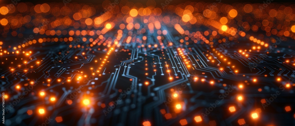 Poster An abstract abstract background made of points and lines made from an array of circuit boards. Can be used as a digital dynamic wallpaper or technology background.