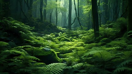 A dense forest with a carpet of green ferns covering the forest floor, creating a lush and magical...