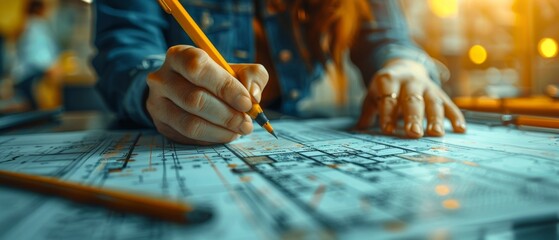 Photograph of someone's engineer sketching a plan on a blue print with architectural equipment.