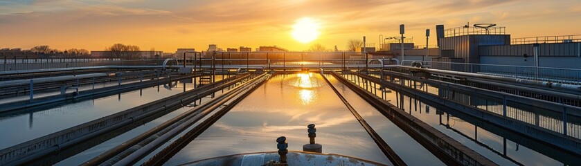 Obraz premium Hospital rooftop water treatment units, golden hour, wide angle, serene ambiance , ultra HD