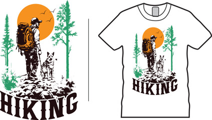 Vector graphic hike hiker hiking mountain t-shirt design. Wit Mountain illustrations, outdoo adventure, Outdoor Vintage T-shirts, Hikin equipment, hikin boots and hiking icon. ready to print in tshirt
