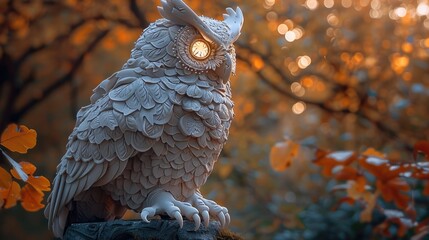 Majestic Clay Owl Sculpture Illuminated in Autumnal Forest Landscape