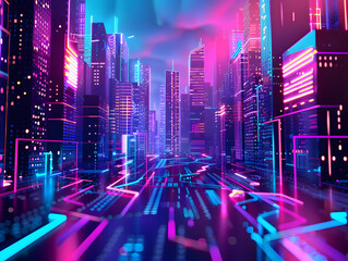 Neon Cityscape at Night: Vibrant Urban Lights and Skyscrapers Reflecting in Water - obrazy, fototapety, plakaty