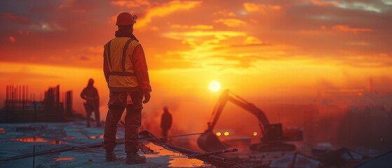 An image of a construction worker controlling a concrete pump on a construction site with a sunset in the background