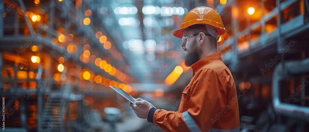 Poster On a construction site, an architect or civil engineer is checking the schedule on a tablet computer.