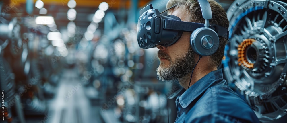 Poster A factory chief engineer wearing a VR headset designs an engine turbine on a holographic projection table. A futuristic design of a mixed reality application using virtual reality.