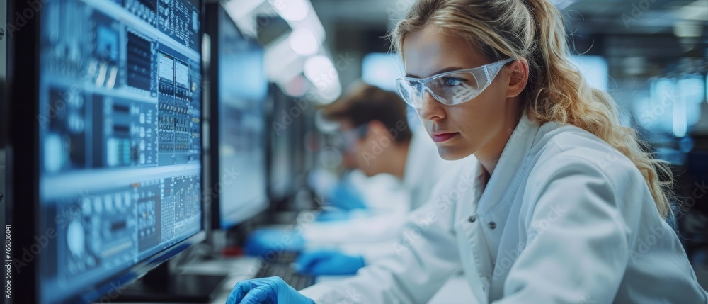Poster On the desk, a team of computer engineers choose printed circuit boards to work with, as a computer shows programming in progress. In the background, a technologically advanced scientific research