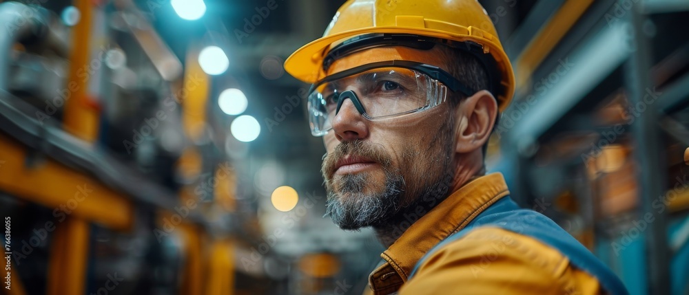 Poster An engineer checks and controls automated robot arms in an intelligent factory industrial on a real-time monitoring system software. It involves welding robotics and digital manufacturing.