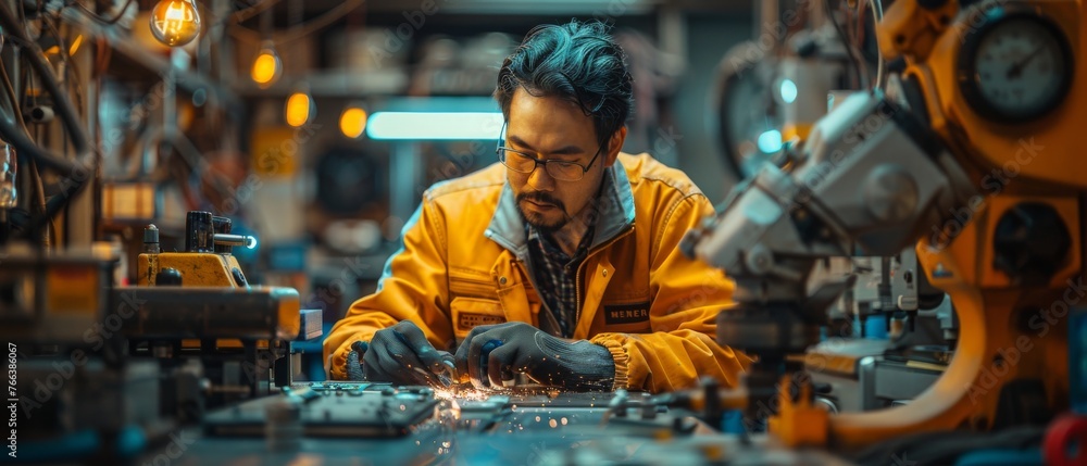 Aufkleber In an intelligent factory industrial, the manager engineer monitors and controls robotic arms machines on a real-time monitoring system software, welding robotics and digital fabrication.